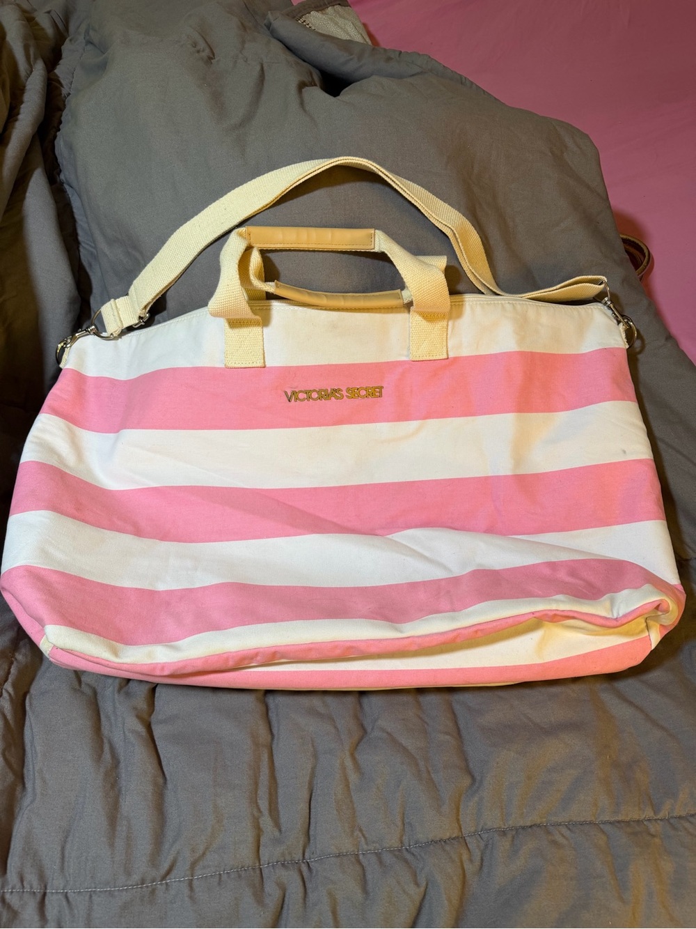 Victoria's Secret Pink and White Striped Canvas Tote